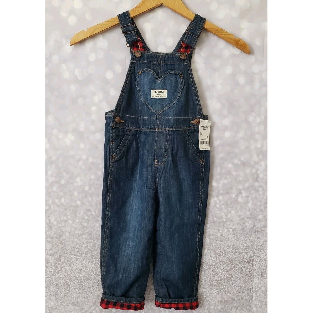 Oshkosh B'gosh Vestbak Overalls Sz 2T Buffalo Check 100% Cotton Heart Pocket